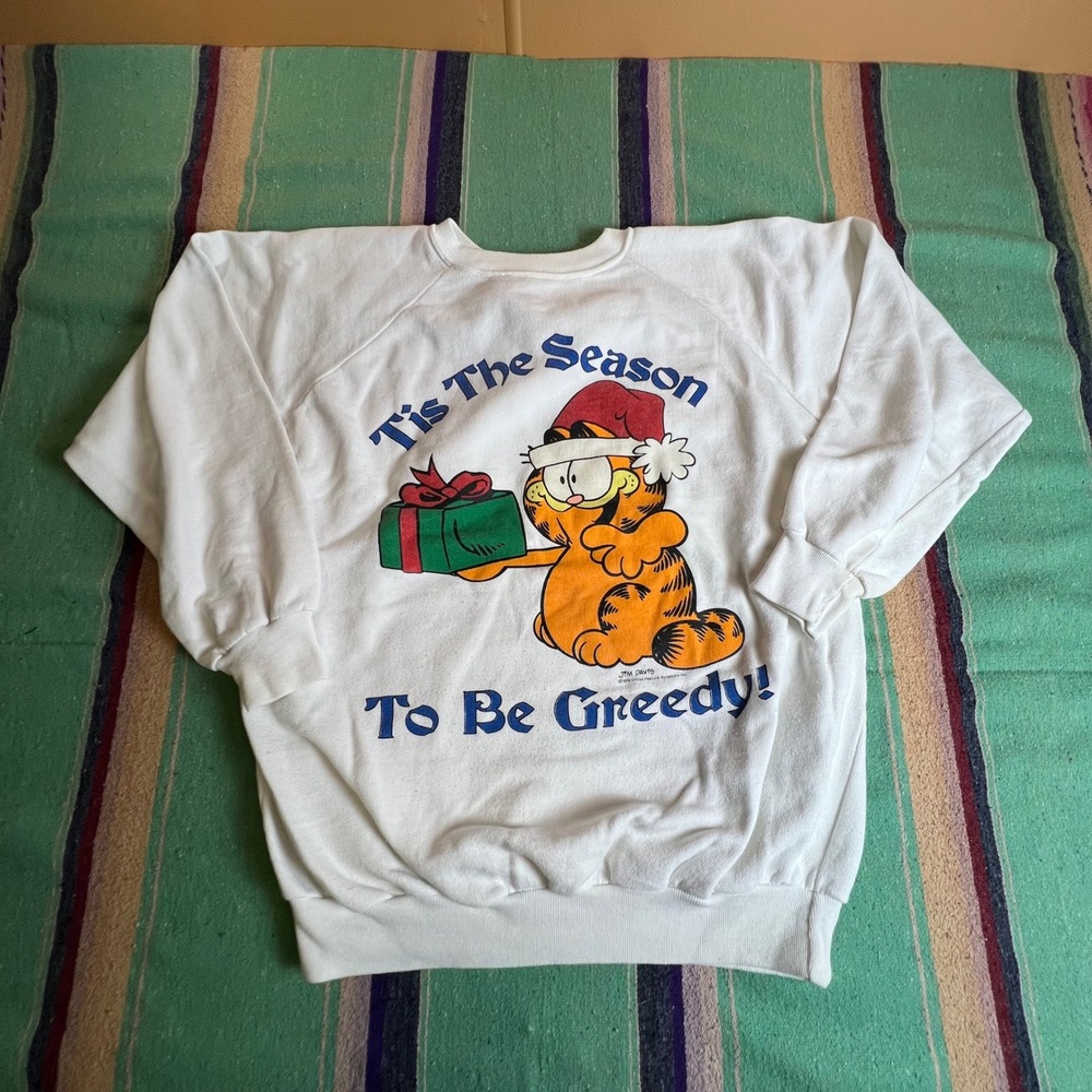 Vintage Garfield Sweatshirt Mens L White Christmas Greedy sunny Graphic Raglan